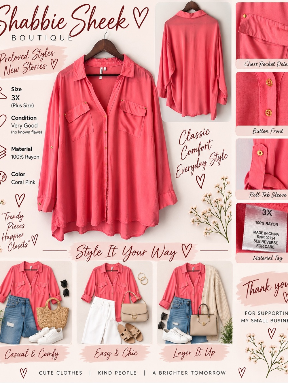 grand & greene Coral Pink Button-Front Rayon Blouse
